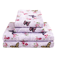 Ensemble de draps de lit en microfibre de haute qualité, 4 pièces, violet, motif papillon, avec taies d'oreiller