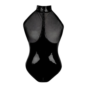 Traje de motociclista sexy de cuero efecto espejo con entrepierna abierta y pecho descubierto para mujer, lencería erótica de malla ajustada de talla grande, diseño hueco ODM - Product Image 5
