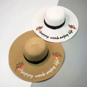 Factory Wholesale Floable Natural <b>Flat</b> Brim Straw <b>Hat</b> Handmade Embroidery Straw <b>Hat</b> - Product Image 1