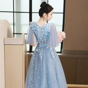 Blue Feather Evening Gown Scoop Neck Empire Waist 3D Floral Print For Coming Of Age Ceremony - Product Image 4