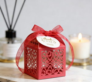 Red Hollow Out Favor <b>Box</b> Made Of Pearlescent Cardboard With Laser Engraving And Organza Ribbon Exquisite - Product Image 1