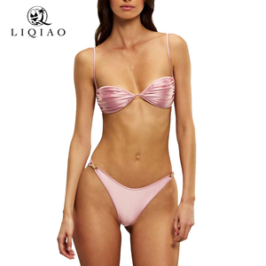 Ensemble bikini deux <span class=keywords><strong>pièces</strong></span> micro sexy uni personnalisé, vêtements <span class=keywords><strong>de</strong></span> plage, bandeau plissé, <span class=keywords><strong>maillot</strong></span> <span class=keywords><strong>de</strong></span> <span class=keywords><strong>bain</strong></span> pour femmes, string à fente haute - Product Image 1