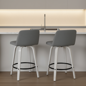 Tabouret de bar contemporain Toriano, pivotant, 26 pouces, bois blanchi, tissu gris, repose-pieds en métal noir - Product Image 2