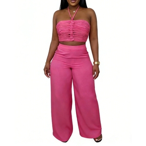 ชุดเซ็ตเสื้อครอปแบบผูกคอรัดรูปและกางเกงขายาวทรงกว้างสำหรับผู้หญิง ชุด 2 ชิ้น เสื้อผ้าผู้หญิง ชุดลำลอง แฟชั่นผู้หญิง - Product Image 2