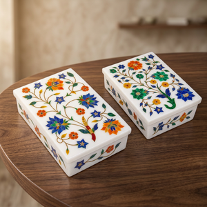 Intricate Marble Floral Pattern Girls Jewelry Box Lid Closure Handcrafted India Engraved Design Custom Packaging for Gifting - Product Image 1