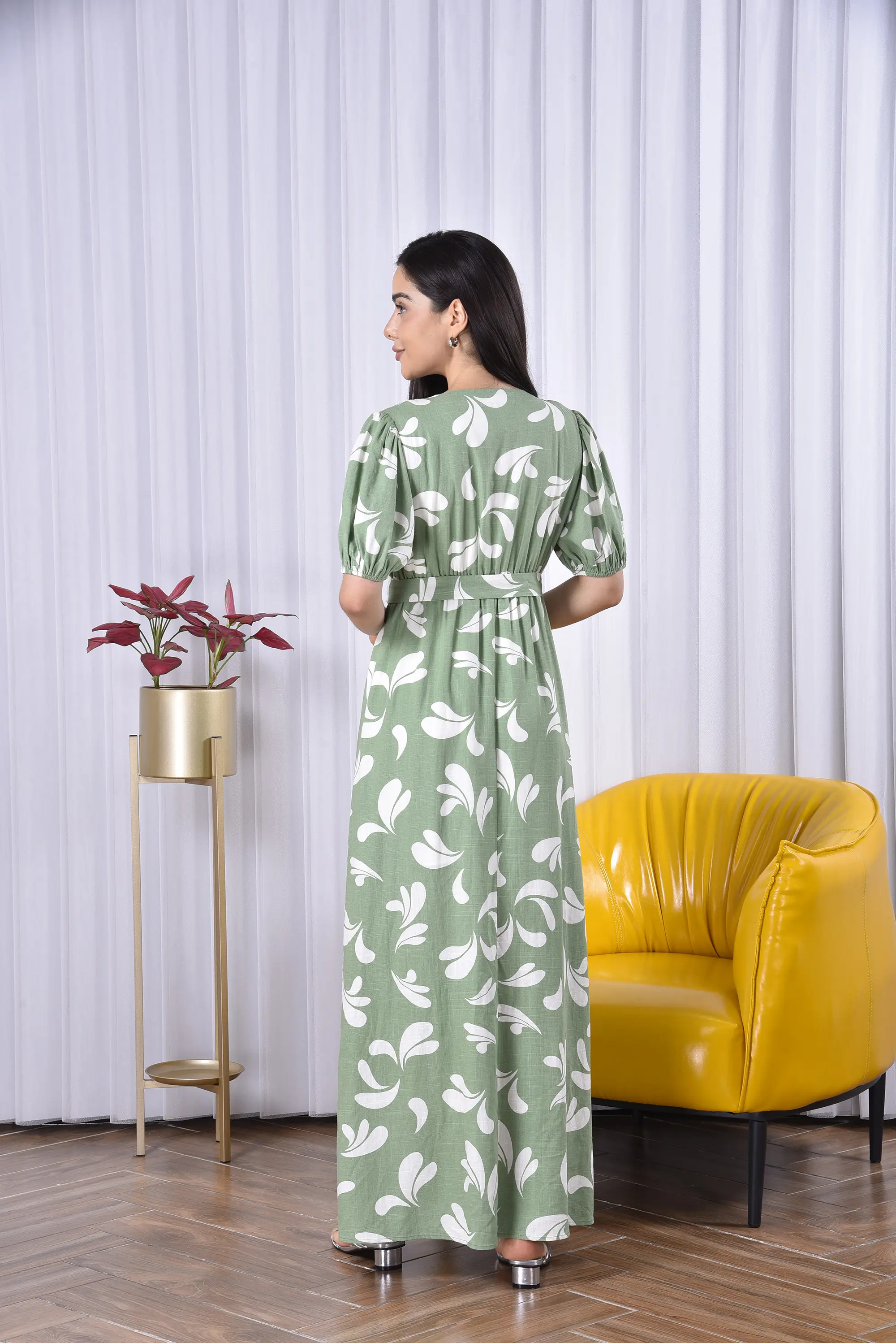 v-neck women lady elegant loose dress green casual bohemian floral printed belted large swing full length maxi dress for women