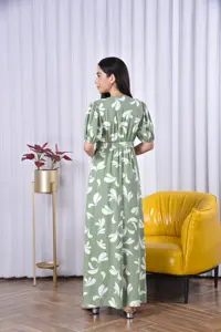 V-neck Women Lady Elegant Loose Dress Green Casual Bohemian Floral Printed Belted Large Swing Full Length Maxi Dress For Women