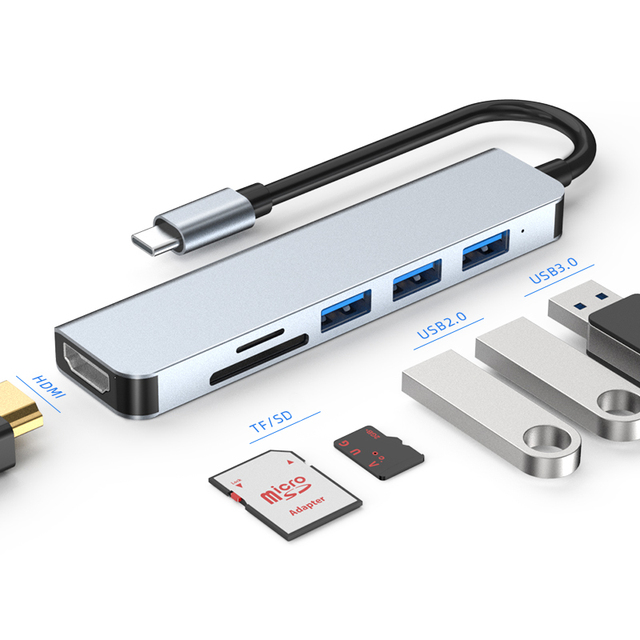6 in 1 USB C Hub 4K HDMI USB 3.0 2 USB 2.0 SD TF Card Reader Type C Adapter Docking Station for Laptop Android Phone TV