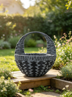 Panier à fleurs gris foncé aspect osier, poignée en tissu, doublure en plastique, pot de jardin extérieur