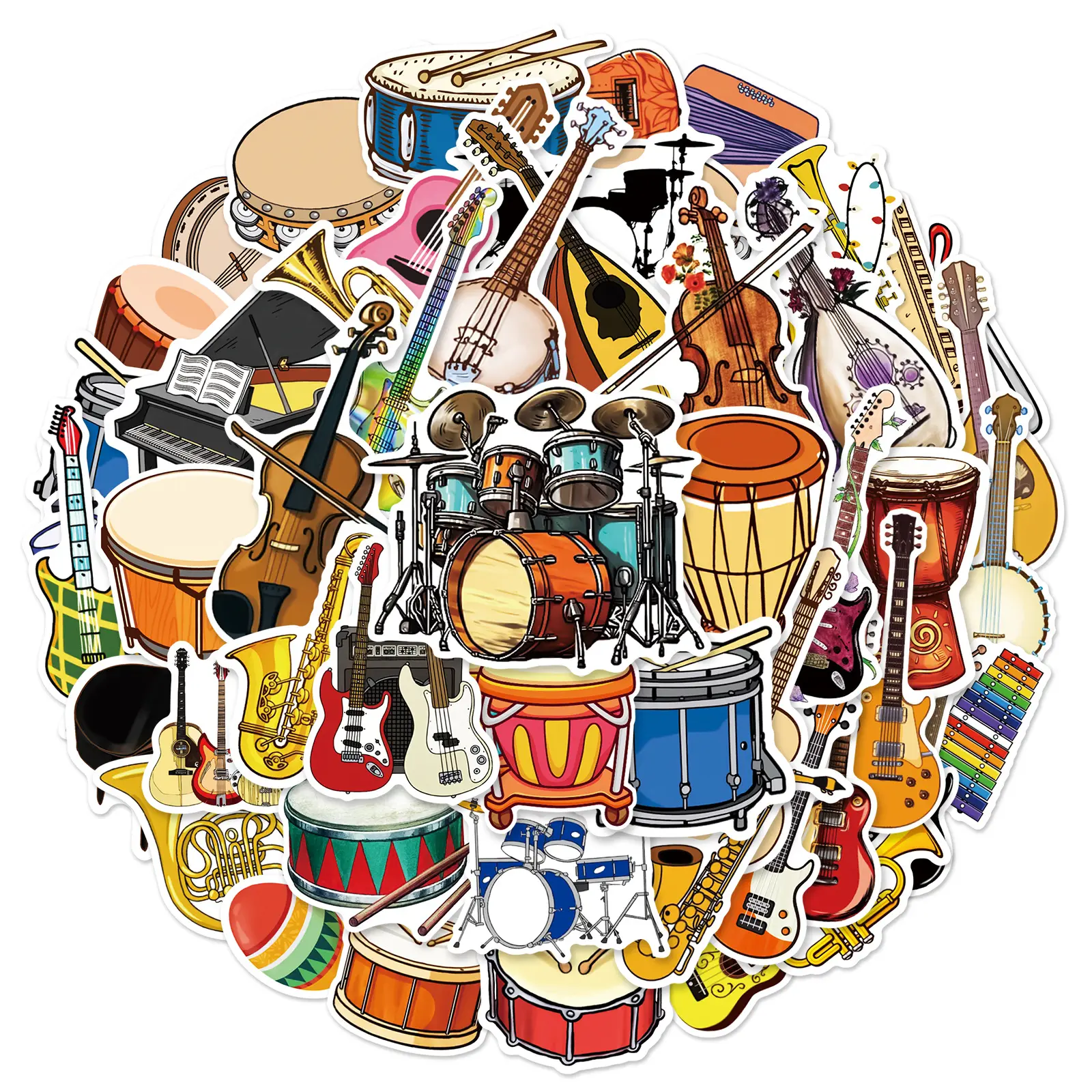 E-50pcs alat musik stiker bermain Piano biola kit drum gitar kartun kreatif DIY stiker tahan air