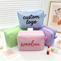 WAALUU Großhandel Personalisierte Geschenk-Kosmetiktasche aus Bubble-Gaze, Maßgefertigter Reisebeutel, Karierte Kosmetiktasche für Frauen