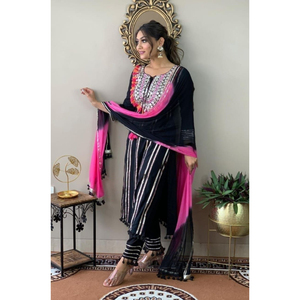 Black Kurti <b>Pant</b> Dupatta Set Rayon Embroidery Lace Work Ethnic Wear <b>Three</b> <b>Quarter</b> Sleeves Round Neck Kurti <b>Pant</b> Dupatta Set - Product Image 1