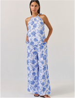 Setelan Dua Potong Wanita 100% Linen - Atasan Halter Neck & Celana Kaki Lebar dengan Motif Bunga untuk Musim Panas