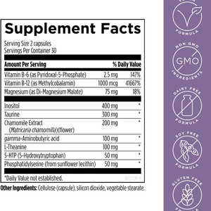 Suplemento para Adultos con 5HTP, GABA y L-Teanina para la Respuesta al Estrés y el Apoyo del Estado de Ánimo con Manzanilla y Magnesio, 60-120 Cápsulas - Product Image 2