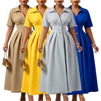 Robe longue maxi élégante et décontractée D639 pour femme, à manches courtes, col rabattu, coupe ajustée, style A-line, idéale pour le bureau