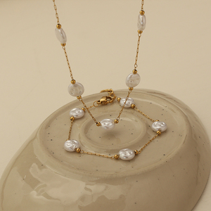 ミニマリストスタイル淡水ラウンドフラットパールネックレスブレスレットセットステンレススチールピュアパールセットクラシックパールジュエリー - Product Image 2