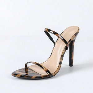 Sandales à talons compensés élégantes en cuir verni imprimé léopard à bout rond pour femmes, talons hauts marron, chaussures de luxe - Product Image 5