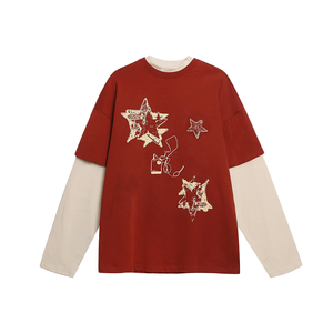 T-Shirt Vintage a Due Pezzi a Maniche Lunghe 100% Cotone Pesante con Stampa Grafica a Stelle Streetwear Unisex Oversize con Logo Personalizzato - Product Image 1
