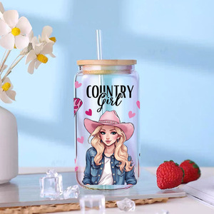 Lindas Tazas de 16oz con Diseño de Vaquera, Adhesivos Espirituales UV DTF, Envolturas para Tazas UV DTF Color Rosa Campestre - Product Image 1