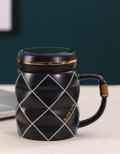 Vente en gros de tasses à lait en céramique de 13 oz, design géométrique, tasse à latte, tasse à café rétro avec couvercle - Product Image 5