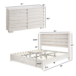 Lit en bois de style campagnard, cadre de lit plateforme blanc taille king avec tête de lit cannelée et rangement <span class=keywords><strong>sous</strong></span> le lit - Product Image 3