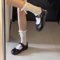 Chaussettes mi-mollet pour femme, style ballet, antidérapantes, à volants, en maille fine, en tissu mélangé, avec nœuds et dentelle, collection Printemps