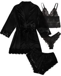 IStapromo Gifts - Conjunto de Lencería de 4 Piezas para Mujer, Top de Encaje Floral Satinado, Pijama con Bata, Lencería Cómoda y Transpirable - Product Image 5