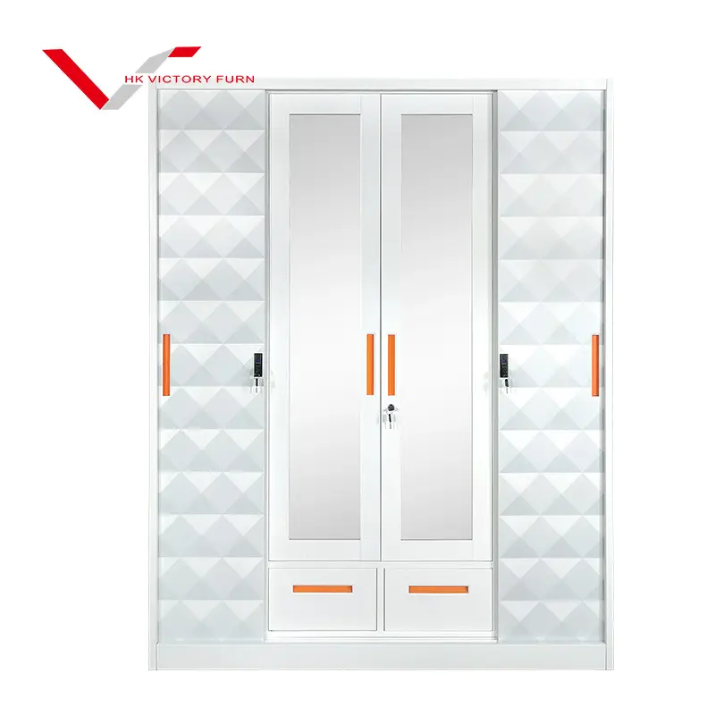 Armario de metal de alta gama personalizado para dormitorio, armario de almacenamiento abierto de acero con espejo y cajones, 4 puertas