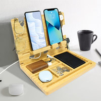 Home Bamboo Wood Standing Multifunction Desktop Organizer Cell Phone Charging Stand Shelf Foldable Box Bedside Table Storage