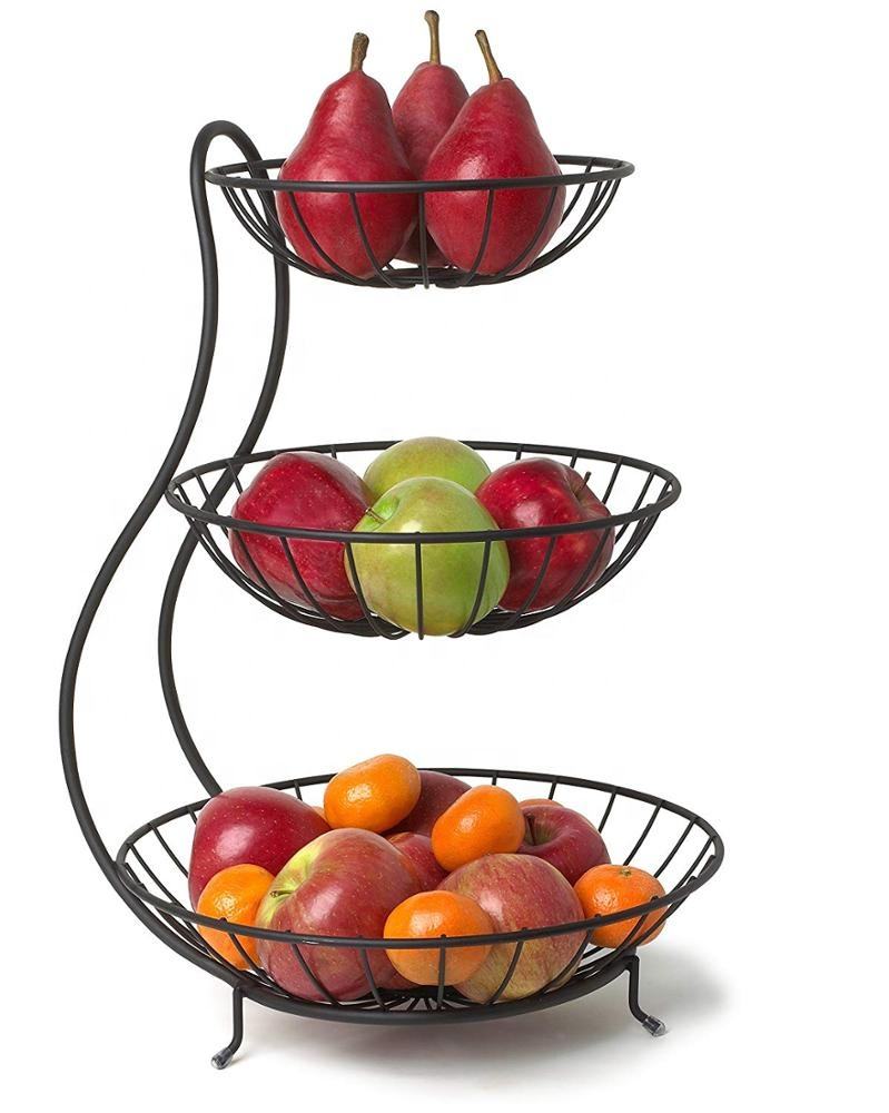 Household Kitchen Decor Iron Wire Stand Fruit Vegetable Basket Display Rack Black Powder Coated Metal Storage Baskets Customized