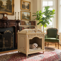 OE-FASHION Maison pour chien d'intérieur en bois massif beige antique, villa pour animaux de compagnie de luxe avec feuille d'or et toit en forme de dôme