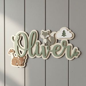 Plaque nominative en bois d'animaux de la forêt, décoration murale en bois sur mesure, 2D double couche, vert sauge, décoration durable - Product Image 2