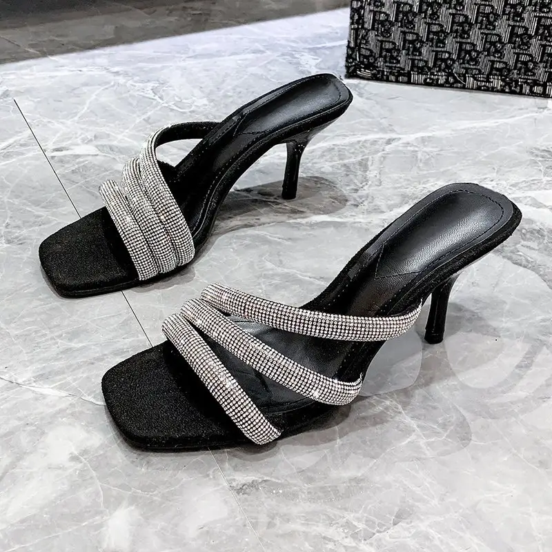 New ladies shoes version of rhinestone heeled slippers women slippers sexy square toe stiletto women's sandals