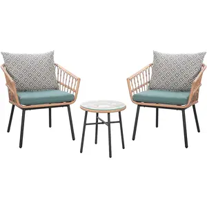 Ngoài Trời Wicker Bistro Mây Ghế Hội Thoại 3 Mảnh Patio Đồ Nội Thất Đặt Với Bàn Cà Phê Và Đệm Màu Ngọc Lam