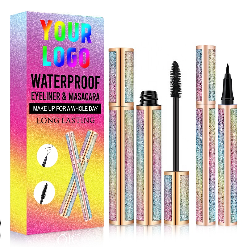 Оптовая продажа, Модная водостойкая стойкая тушь для ресниц и подводка для глаз, фирменная торговая марка, блестящий карандаш для подводки глаз 2 в 1