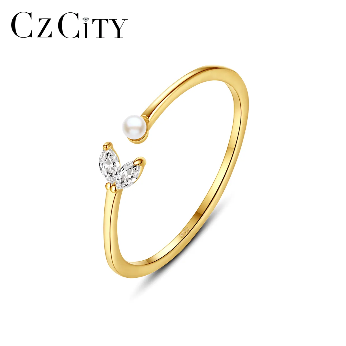 CZCITY Adjustable Zirconia Lady Sterling Silver 925 Open Beauty Unique Small Pearl CZ Ring Jewelry Woman