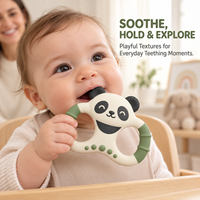 Anneau de dentition pour bébé en silicone Panda, motif visage mignon, poignée double boucle, texture bambou, qualité alimentaire, sans couture, prise en main facile, jouet de dentition, vente en gros OEM
