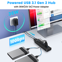 RSHTECH 10 ports alimenté USB 3.1Hub Gen 2 Hub10Gbps Super vitesse USB Hub Splitter 12V/3A Adaptateur secteur USB C Hub pour PC portable