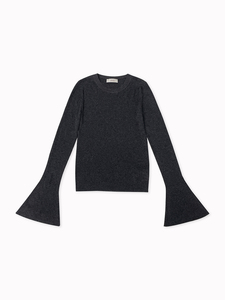 Pull en <span class=keywords><strong>laine</strong></span> mercerisée à col rond côtelé fin, style français, manches cloche, couleur unie pour femme - Product Image 3