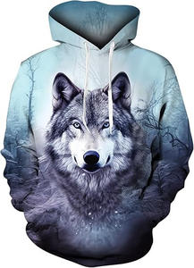 Felpa con Cappuccio da Uomo Autunno Inverno 2026, Stampa Animale Lupo, Poliestere, Vestibilità Ampia, Tasca, Stile Europeo - Product Image 6