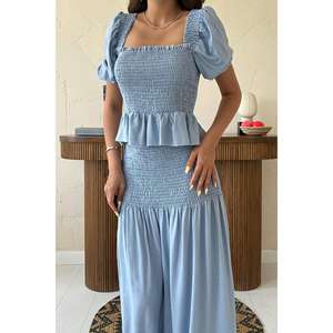 Ensemble de vêtements en lin bleu Gipeli pour femmes, manches courtes, style Prairie Chic, respirant, ensemble de robe deux pièces tendance - Product Image 2