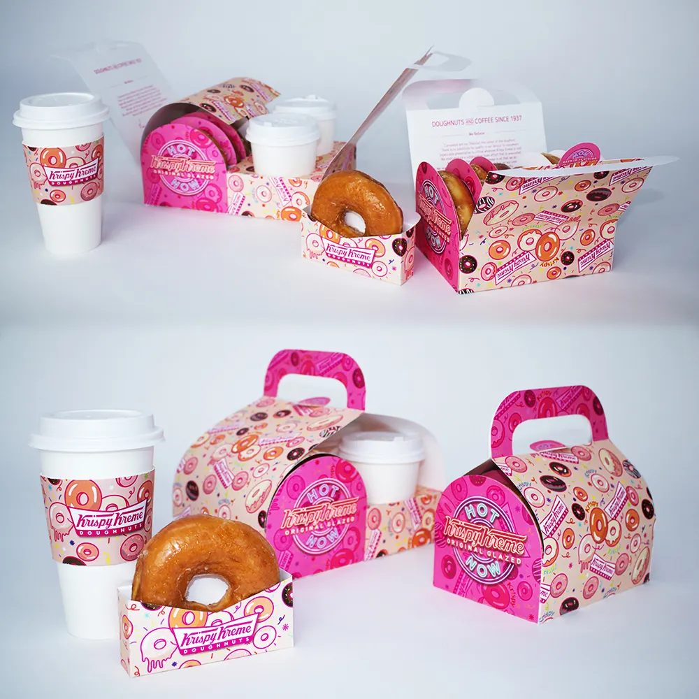 Custom Print Logo Ontwerp Kartonnen Donut Verpakkingsdozen Verdelers Gevel Donut Verpakking Papieren Bageldoos Met Koffie Cup Houder