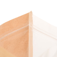 Sac en papier kraft brun en stock, pochette debout avec fermeture éclair sur le dessus et face avant transparente pour l'emballage des noix, des céréales et des fruits secs