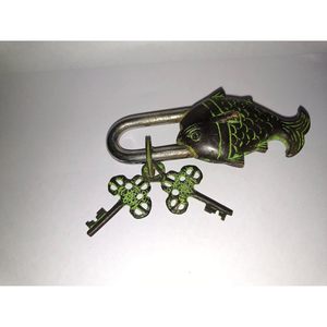 PARIJAT Handicraft Mini Brass <b>Padlocks</b> Functional with Two Keys Beautifully Ornate Fish Monastery Lock Vintage Natural Patina - Product Image 3