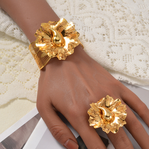 textured open cuff prominent floral ornament bulk wholesale copper made 18k gold plated fine women <b>bangle</b> bracelet ring <b>set</b> - Product Image 2
