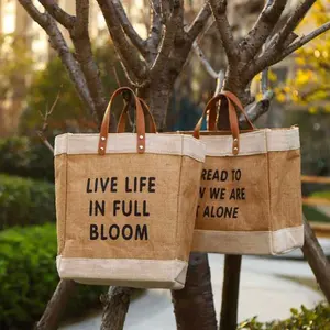Dobrável das mulheres reciclam Eco amigável grande sacola de compras serapilheira juta ombro transportar saco com punho do couro