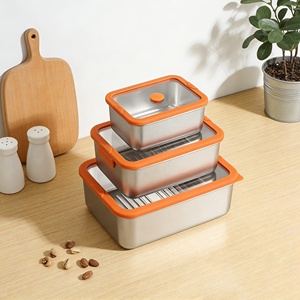 3-Piece Stackable Leak Proof Stainless Steel Rectangle Food Containers With Orange Glass Lids - Product Image 2