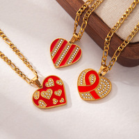 Collier en acier inoxydable plaqué or 18 carats avec pendentif cœur rouge émaillé motif battement de cœur et chaîne Figaro, bijoux pour femmes et couples