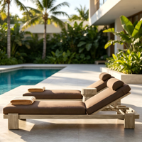 Chaise longue d'extérieur en teck massif avec pieds carrés épais, réglable, pour piscine, avec coussin de tête, pour hôtel et villa
