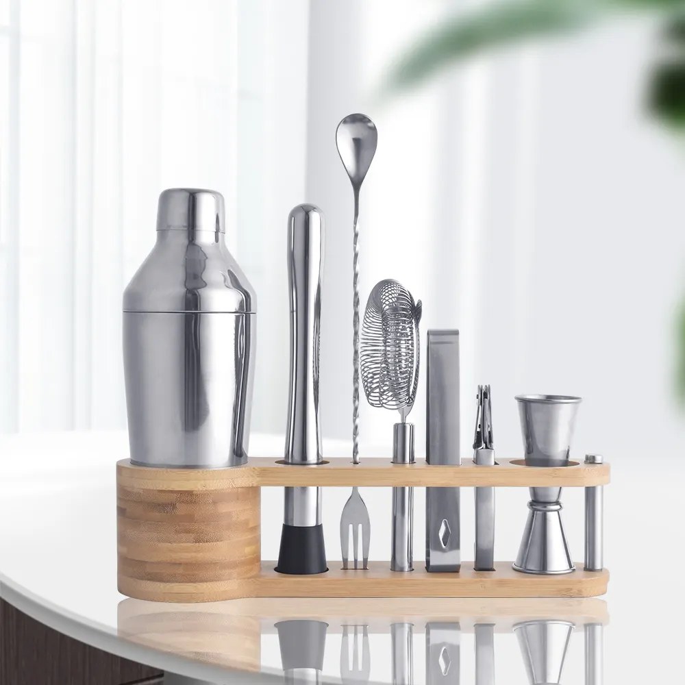 Creation Factory Neues Produkt Barkeeper Kit Edelstahl Cocktail Shaker Bar Werkzeuge Set mit Bambus ständer